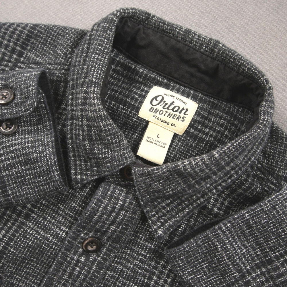 Orton Brothers Plaid Cotton Flannel Button Down Men Shirt L Black Work Textured